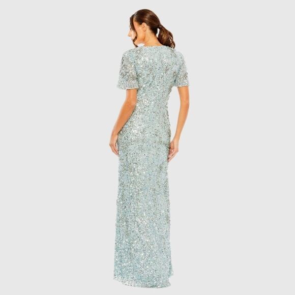 MAC DUGGAL 93932 Blue Flutter Sleeve Sequin High Neck Gown - Picture 4 of 15